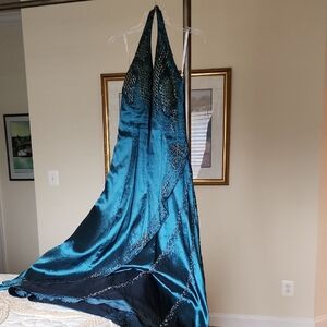 Elegant Teal Beaded Halter Gown